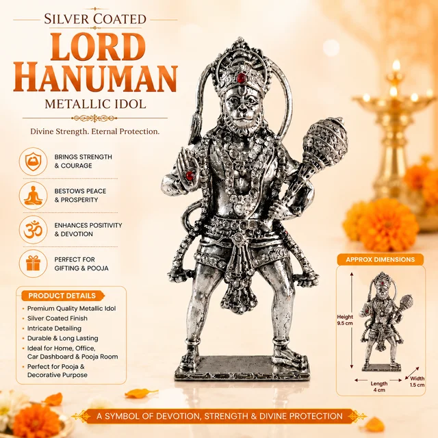 KULIA Jewellers Silver Coated Lord Hanuman Metallic Idol for Home Temple, Office & Car Dashboard | Premium Decorative Hindu God Statue | Pooja Idol | Spiritual Gift |/10