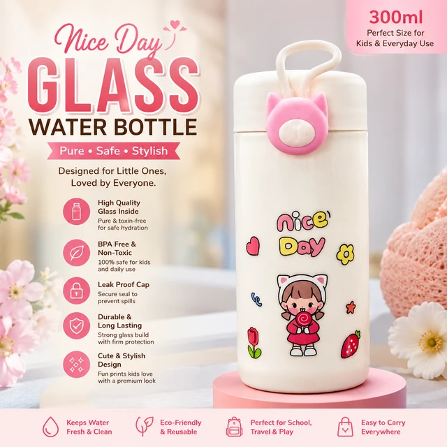 Nice Day Glass Water Bottle 300ml with Cute Cartoon Print (RANDOM COLOURS)| Leakproof Glass Drinking Bottle with Protective Sleeve | Reusable Water Bottle for Kids, Girls, School, Office & Travel | BPA-Free /51