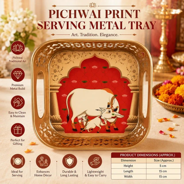 Pichwai Print Serving Metal Tray | Premium Decorative Metal Serving Tray with Traditional Cow & Calf Artwork | Multipurpose Tea, Snacks & Dry Fruit Serving Tray | Elegant Home Décor & Gift Item/