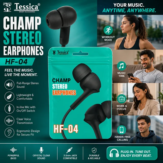 Tessica CHAMP HF-04 Wired Stereo Earphones with In-Line Microphone, 3.5mm Audio Jack, Deep Bass, Ergonomic In-Ear Design, Lightweight Earbuds for Music, Calls, Gaming & Online Meetings