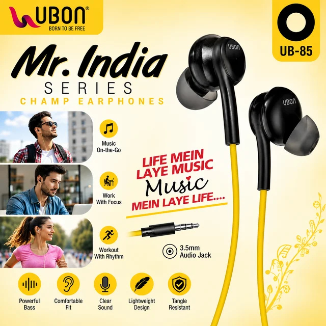 UBON UB-85 Mr. India Series Champ Wired Earphones with 3.5mm Audio Jack | Powerful Bass | Clear Stereo Sound | Comfortable In-Ear Fit | Lightweight & Tangle-Resistant Design