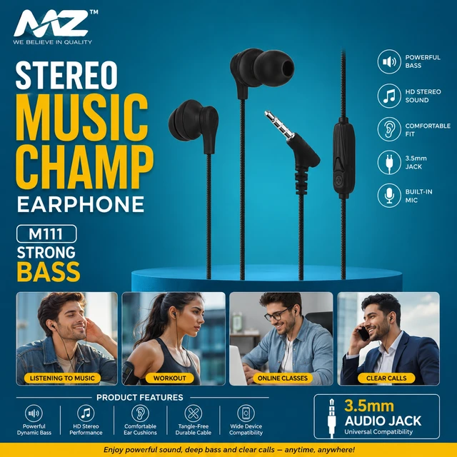 MZ M111 Strong Bass Wired Stereo Earphones with 3.5mm Jack, HD Stereo Sound, Comfortable In-Ear Design, 130cm Cable for Smartphones, Tablets, Laptops & More
