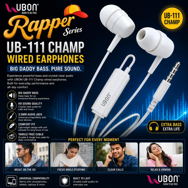 UBON Rapper Series UB-111 Champ Wired Earphones with 3.5mm Audio Jack | Powerful Bass | HD Stereo Sound | Built-in Microphone | Comfortable In-Ear Design
