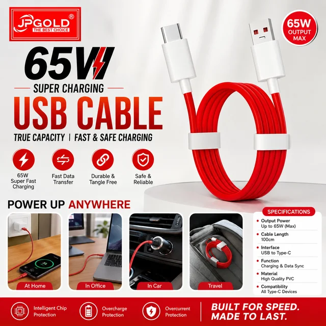 JP GOLD 65W Super Charging USB to Type-C Fast Charging & Data Sync Cable | 1 Meter | High-Speed Data Transfer | Durable Tangle-Free PVC Cable | Safe Charging for Smartphones, Tablets & Type-C Devices