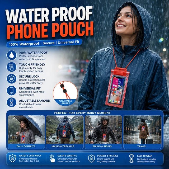 Universal Waterproof Phone Pouch ( Random Colours ) with Adjustable Neck Lanyard, Secure Lock Seal, Touch Screen Compatible, Waterproof Mobile Case for Beach, Swimming, Rain, Travel & Outdoor Activities