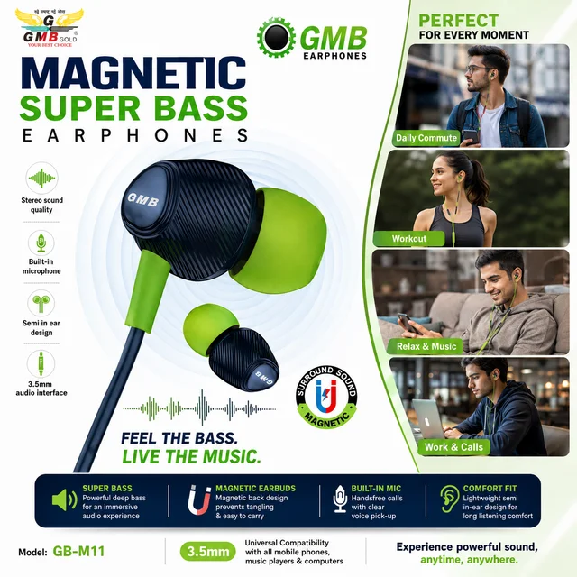 GMB Gold GB-M11 Magnetic Super Bass Wired Earphones with Built-in Microphone, 3.5mm Audio Jack, Stereo Sound, Comfortable Semi In-Ear Design, Universal Compatibility for Smartphones, Tablets, Laptops and Computers