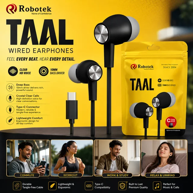 Robotek TAAL Type-C Wired Earphones with 10mm Bass Driver, Clear HD Voice, In-Line Microphone, Lightweight Ergonomic Design, Type-C Connector for Smartphones, Tablets & Laptops