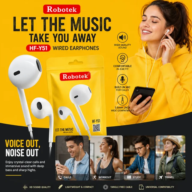 Robotek HF-Y51 Wired In-Ear Earphones with Built-in Microphone | High-Quality Stereo Sound | Comfortable Ergonomic Fit | 3.5mm Universal Jack | Lightweight Wired Earphones for Music, Calls, Study & Travel