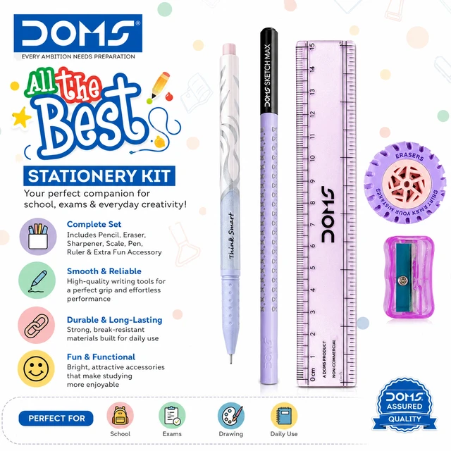 DOMS All The Best Stationery Kit | Complete School Stationery Set with Pencil, Pen, Eraser, Sharpener, Ruler| Ideal for Students, School, Drawing & Everyday Use