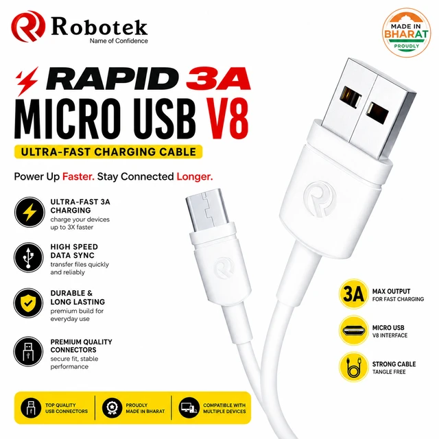 Robotek Rapid 3A Micro USB V8 Fast Charging & Data Sync Cable | High-Speed Charging | Premium USB Connectors | Durable & Tangle-Resistant