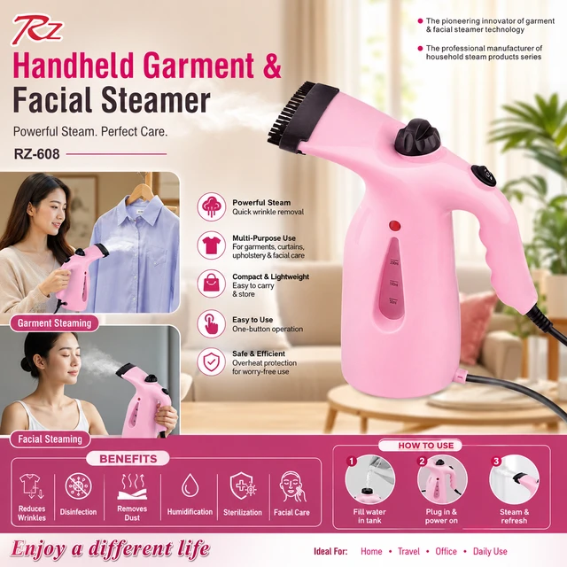RZ-608 Handheld Garment Steamer & Facial Steamer | Portable Steam Iron for Clothes | Fast Wrinkle Remover | Multi-Purpose Fabric & Face Steamer | Compact Travel Steam Cleaner | 200ml Water Tank