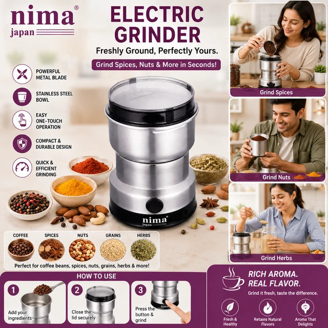 Nima Japan Electric Grinder 150W Stainless Steel Multipurpose Spice, Coffee, Dry Fruit & Herb Grinder with Powerful Metal Blade, One-Touch Operation, Compact Kitchen Grinder, Silver (NM-8300)
