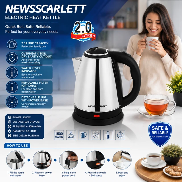NEWSSCARLETT 2.0 Litre Stainless Steel Electric Heat Kettle | 1500W Fast Boiling Electric Heat Kettle | Auto Shut-Off & Boil-Dry Protection | Water Level Indicator