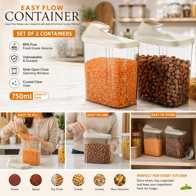 Easy Flow Kitchen Storage Containers Set of 2 (750ml Each) | BPA-Free Food Grade Plastic | Airtight Slide Open Lid | Unbreakable Clear Storage Jars for Pulses, Cereals, Dry Fruits, Snacks, Spices & Grocery Organization