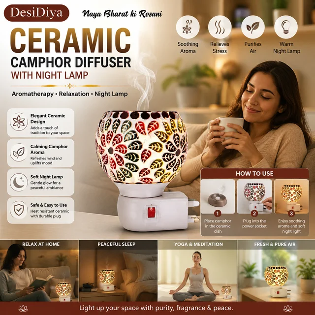 Desi Diya Ceramic Camphor Diffuser with Night Lamp | Electric Kapoor Dani Aroma Diffuser | Ceramic Essential Oil & Camphor Burner | Night Light | Home, Office, Meditation & Pooja Decor| Aroma Kapoor Dhani