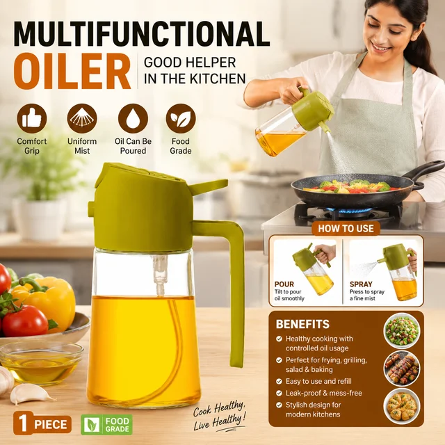 2-in-1 Glass Oil Sprayer & Pourer Bottle for Kitchen (Random colours) | Food Grade Leak-Proof Oil Dispenser | Fine Mist Spray & Controlled Pour | Ergonomic Handle | Refillable Cooking Oil Bottle for Olive Oil, Sunflower Oil,