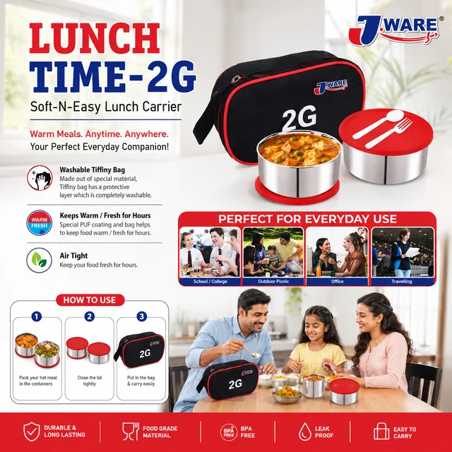 J.WARE Lunch Time-2G Soft-N-Easy Lunch Carrier with 2 Stainless Steel Containers | Washable Tiffin Bag | Air Tight & BPA Free Lunch Box Set for Office, School, College & Travel