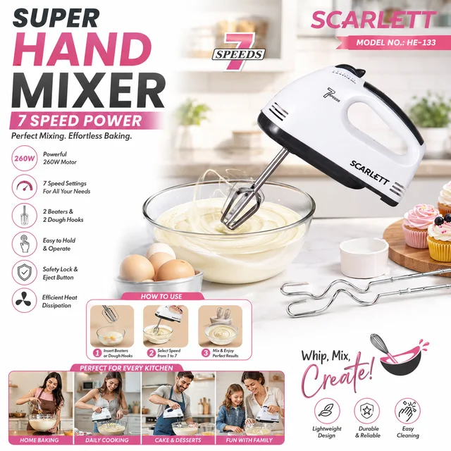 SCARLETT 260W Electric Hand Mixer with (2 Beaters & 2 Dough Hooks)| 7 Speed Control | 4 Stainless Steel Attachments | Lightweight Portable Egg Beater & Dough Mixer | Eject Button | Baking & Cake Mixing Machine (Model HE-133)
