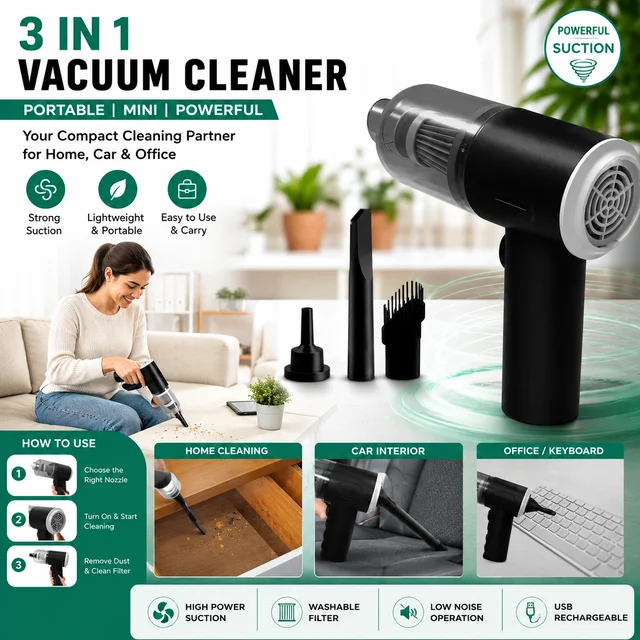 3-in-1 Portable Mini Vacuum Cleaner for Car, Home & Office | High Power Suction | Air Blower Function | USB Rechargeable | Lightweight Handheld Vacuum with Multi-Purpose uses