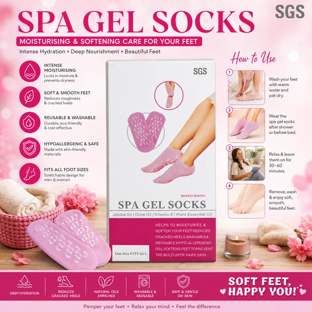 Moisturizing Spa Gel Socks with Jojoba Oil, Olive Oil & Vitamin E | Reusable Hydrating Gel Heel Socks for Dry, Rough & Cracked Feet | Washable, Gel Foot Care Socks | One Size Fits All