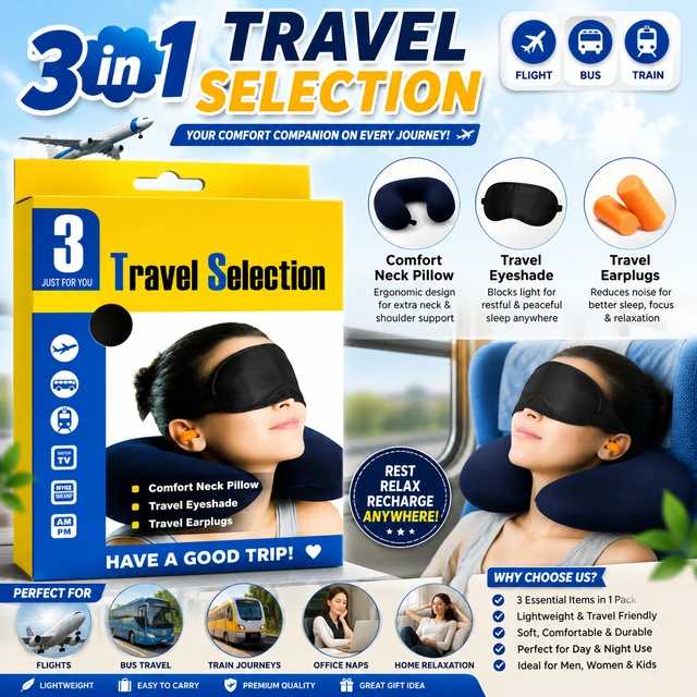 3-in-1 Travel selection Comfort Kit – Inflatable Neck Pillow, Soft Sleep Eye Mask & Noise-Reducing Earplugs | Lightweight Travel Essentials for Flight, Train, Bus, Office & Home