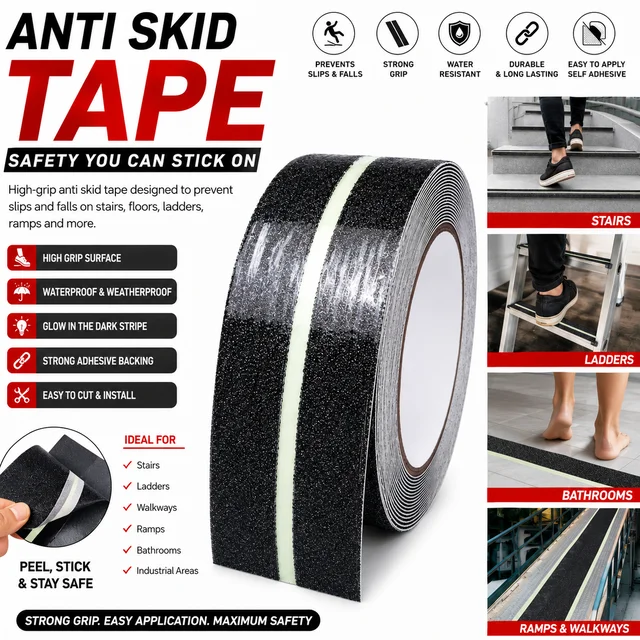 Anti Skid Tape | Heavy Duty Self Adhesive Non Slip Grip Tape | Waterproof & Weatherproof | Glow in the Dark Center Strip | Ideal for Stairs, Ladders, Bathrooms, Walkways & Ramps