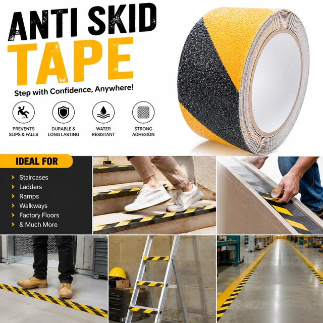 Heavy Duty Anti Skid Safety Tape | High Grip Non-Slip Adhesive Tape | Waterproof Abrasive Surface | Black & Yellow Hazard Marking Tape for Stairs, Ramps, Floors & Industrial Use