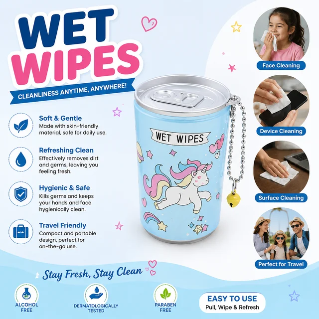 Portable Mini Wet Wipes Can | Travel-Friendly Pocket Tissue Wipes | Soft & Gentle Cleaning Wipes | Compact Refillable Canister for Home, Office, School & Travel