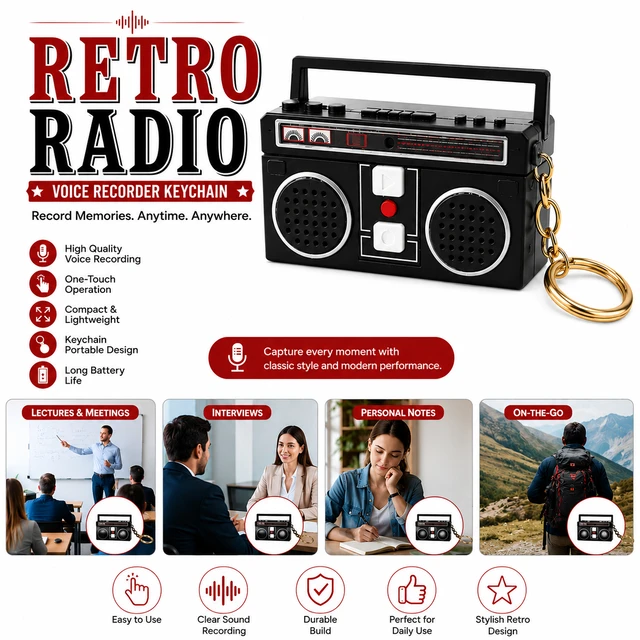 Retro Radio Voice Recorder Keychain (Random colours)| Portable Mini Audio Recorder | One-Touch Recording| Lightweight Retro Design for Meetings, Lectures, Interviews & Personal Notes