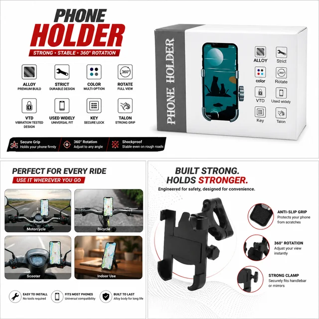 Universal 360° Rotating Phone Holder | Adjustable Locking Mobile Mount | Strong Anti-Slip Grip | Universal Smartphone Holder for Bike, Motorcycle, Bicycle & More
