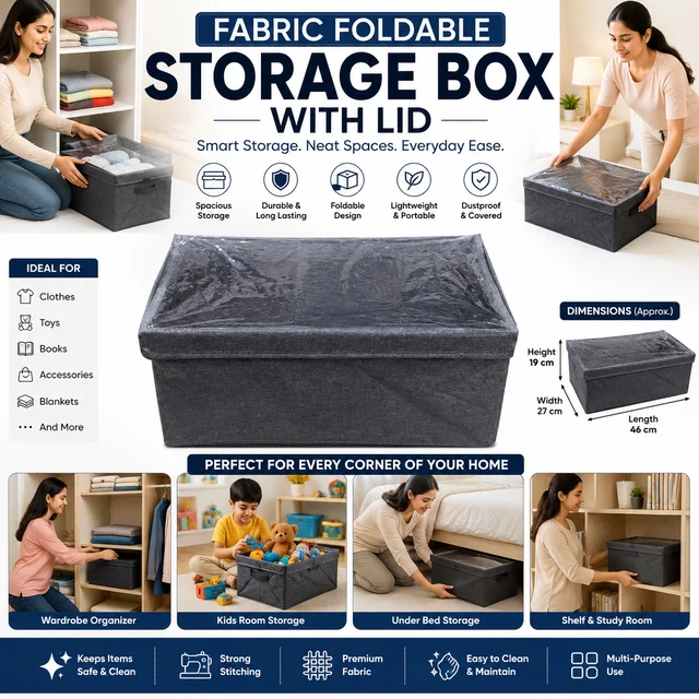Fabric Foldable Storage Box with Transparent Lid | Multi-Purpose Organizer | Dustproof Storage Bin | Reinforced Side Panels | Wardrobe, Closet, Shelf & Under Bed Storage