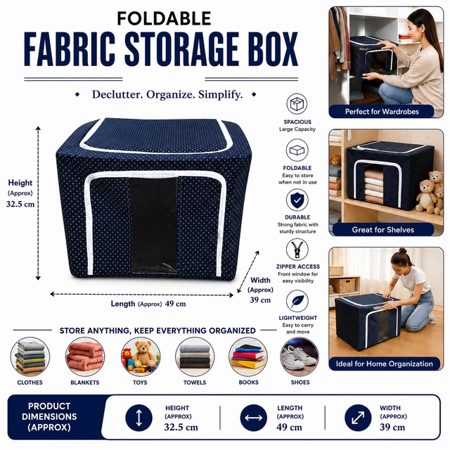Foldable Fabric Storage Box (RANDOM COLOURS & DESIGNS)| Large Capacity Clothes Organizer with Front Window | Dustproof Storage Bin for Clothes, Blankets, Toys, Books & More