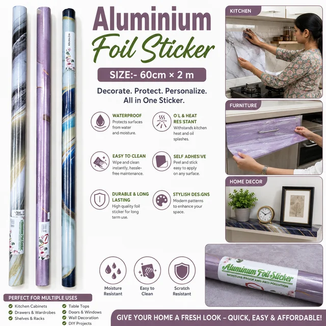 Aluminium Foil Sticker Roll for Kitchen, Wardrobe, Furniture & Wall Decoration | Self-Adhesive Waterproof Contact Paper | Oil & Moisture Resistant | Easy to Clean | Size: 60 cm × 2 m | Random Designs & Colours