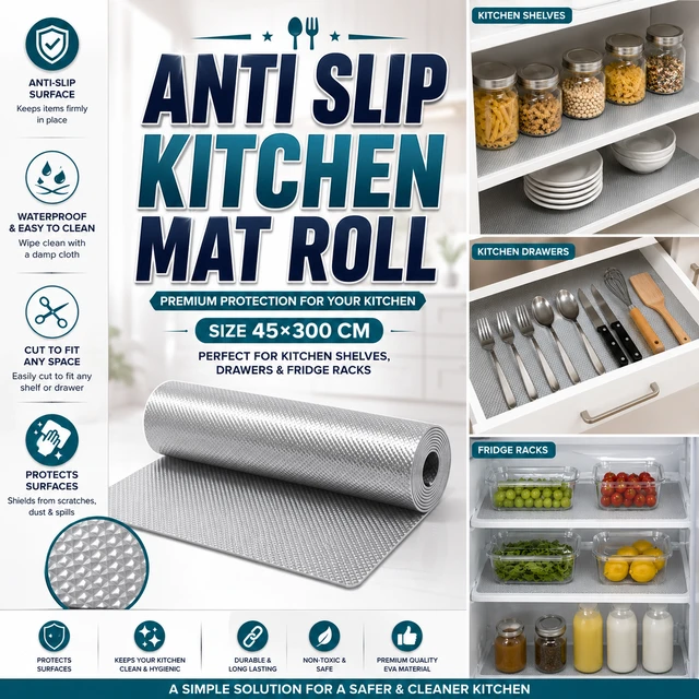 Premium EVA Anti-Slip Kitchen Mat Roll (RANDOM COLOURS)| Non-Adhesive Waterproof Shelf & Drawer Liner | Cut-to-Size Cabinet, Drawer & Fridge Rack Mat | Reusable Easy-to-Clean | 45 × 300 cm