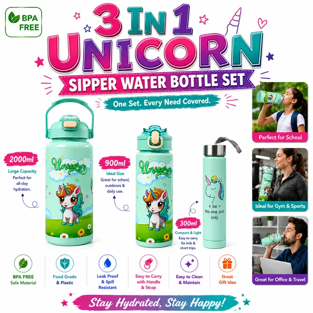 3 in 1 Unicorn Sipper Water Bottle Set (RANDOM COLOURS & DESIGNS)| 2000ml + 900ml + 300ml | BPA Free | Leak Proof | Food Grade Plastic |Water Bottle Set for School, Gym, Office & Travel