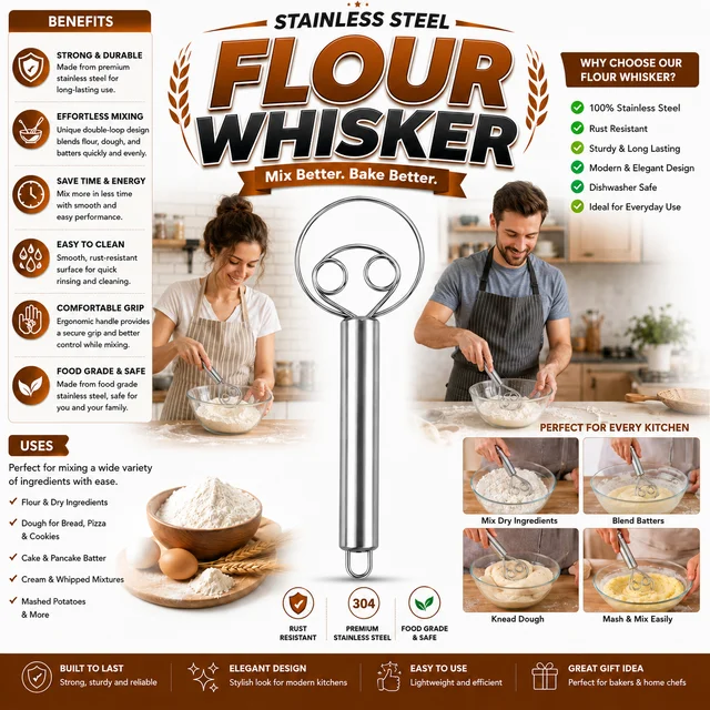 Premium Stainless Steel Flour Whisker | Dough Blender & Batter Mixer | Ergonomic Handle | Heavy-Duty Kitchen Mixing Tool | Ideal for Flour, Dough, Cake Batter & Baking