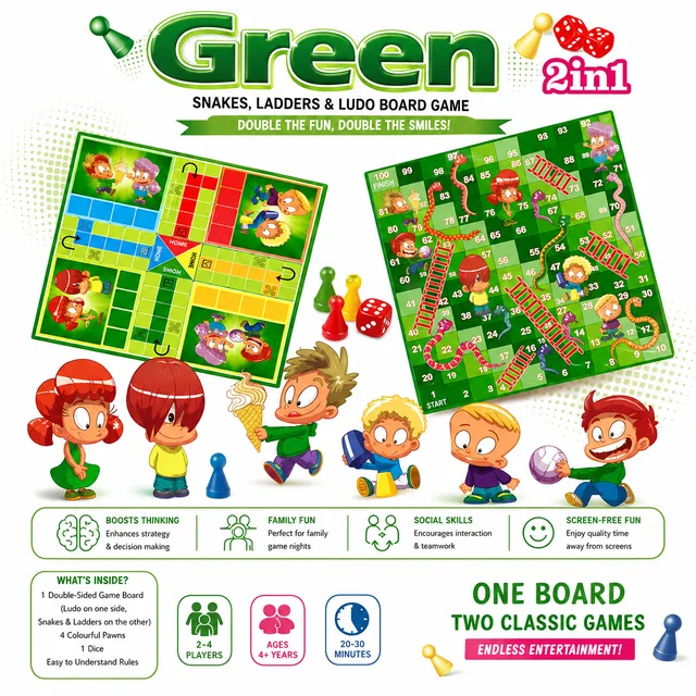 GREEN 2 in 1 Snakes & Ladders and Ludo Board Game Set with Playing Tokens & Dice | Double Sided Family Board Game | Indoor Educational Game for Kids & Adults