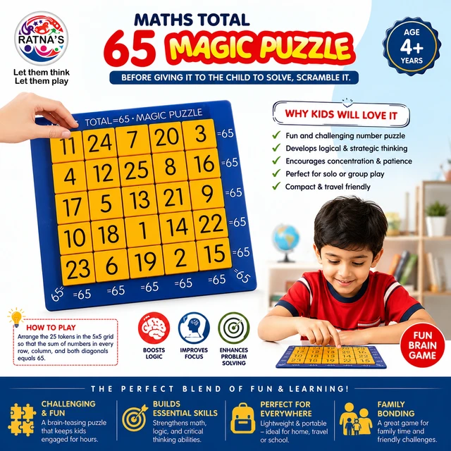 Ratna's Maths Total 65 Magic Puzzle | 5×5 Number Logic Brain Teaser | Educational STEM Learning Game | Enhances Logical Thinking, Concentration & Problem-Solving Skills