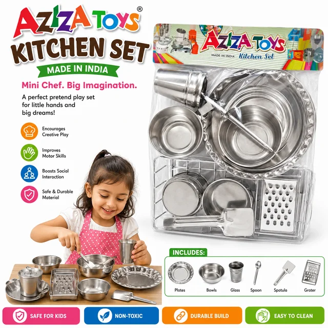 AZIZA Kitchen Set for Kids | Stainless Steel Pretend Play Cooking Utensil Set | Mini Kitchen Role Play Toy | Educational Cooking Playset | Made in India