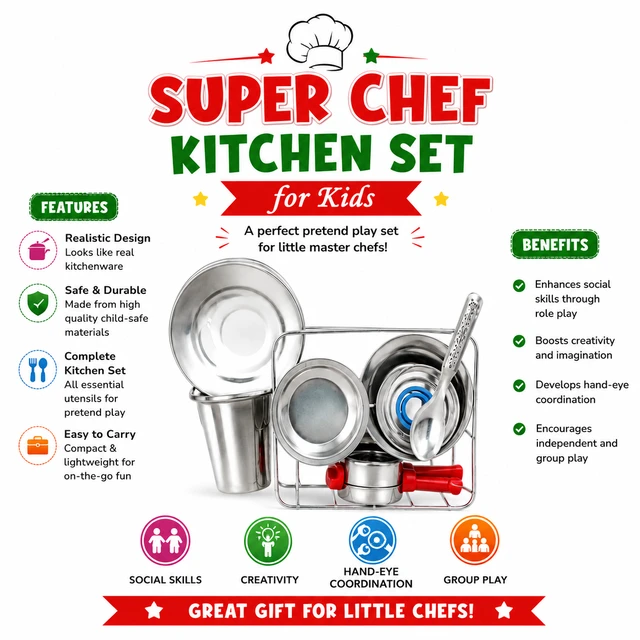 Super Chef stainless steel Kitchen Set for Kids – Stainless Steel Pretend Play Cooking Set | Realistic Mini Kitchen Utensils | Educational Role Play Toy | Durable & Child-Safe | Gift for Boys & Girls