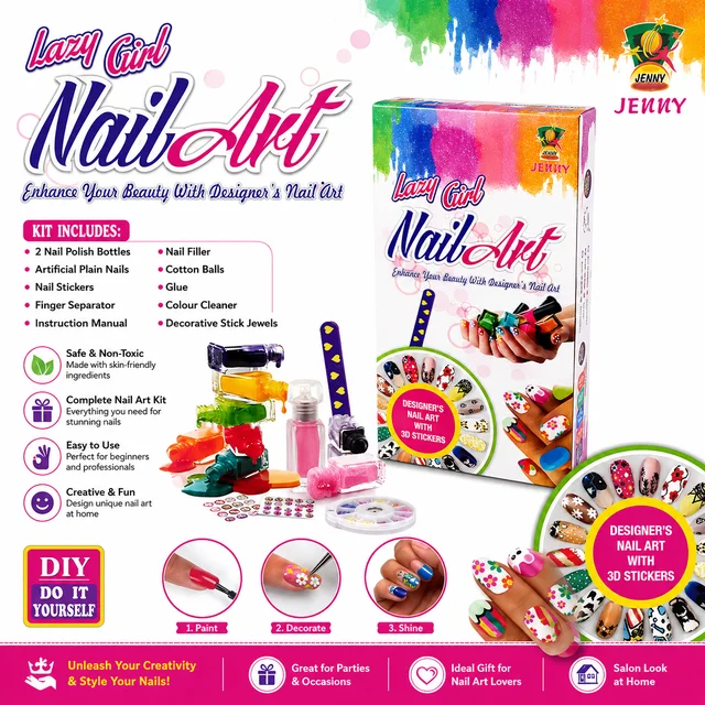 Jenny Lazy Girl Nail Art DIY Kit for Girls & Kids | Designer Nail Art Set with 3D Nail Stickers, Artificial Nails, Nail Polish, Nail File & Accessories | DIY Beauty & Creative Gift Set