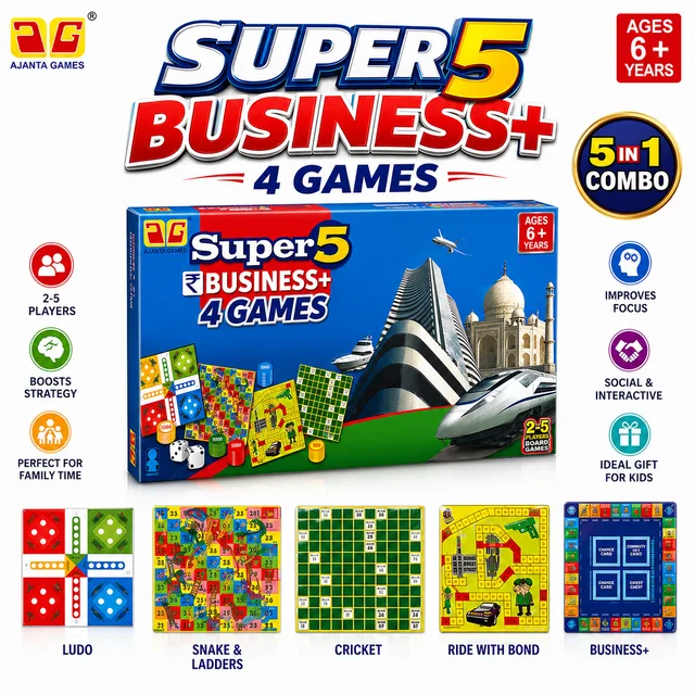 Ajanta Games Super 5 Business+ 5-in-1 Board Game Combo | Business Property Trading, Ludo, Snake & Ladders, Cricket & Ride with Bond | Educational Family Game | Ages 6+ | 2–5 Players