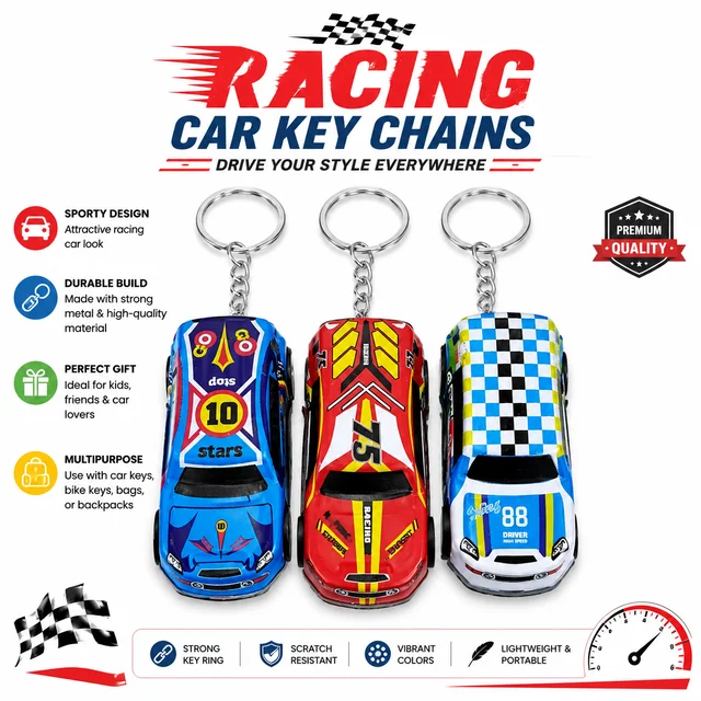 Premium Racing Car Key Chains PIECE-1 (RANDOM COLOURS & DESIGNS) | Stylish Mini Sports Car Metal Keyring | Lightweight Decorative Key Holder for Car Keys, Bike Keys, House Keys, Backpack & Gift
