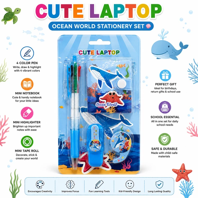 Cute Laptop Ocean World Mini Stationery Set for Kids with 4 Color Pen, Mini Notebook, Mini Highlighter and Decorative Tape Roll | Portable School & Travel Stationery Kit | Ocean Theme Gift Set