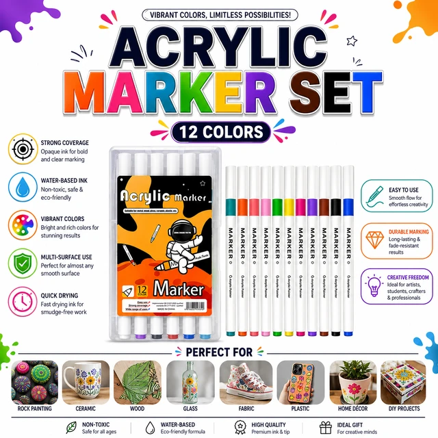 Premium Acrylic Marker Set – 12 Vibrant Colors | Water-Based Paint Markers | Quick Dry | Multi-Surface Use for Rock, Wood, Glass, Ceramic, Fabric, Plastic, Metal & DIY Crafts