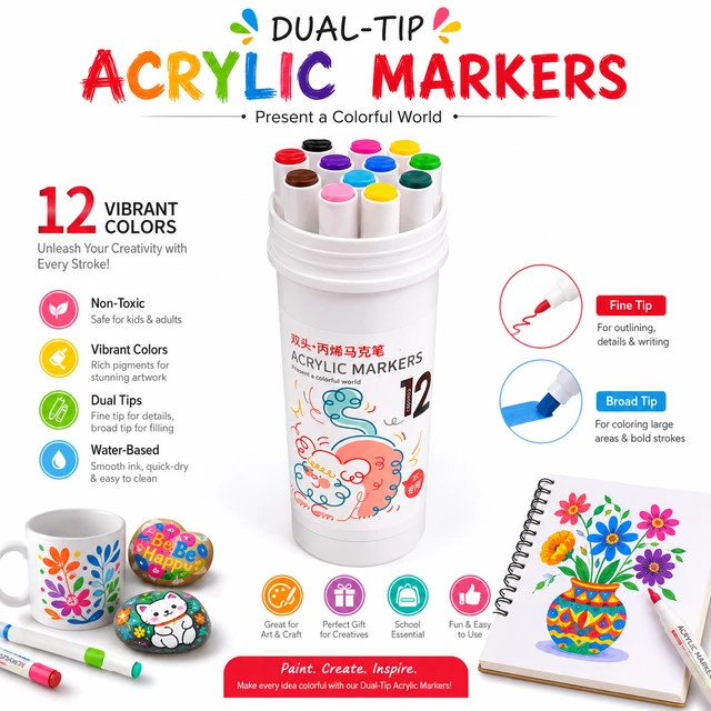 12 Colors Dual-Tip Acrylic Markers Set | Water-Based Paint Pens | Fine & Broad Tips | Quick-Drying | Non-Toxic | For Rock Painting, Canvas, Wood, Glass, Ceramic, DIY Crafts & School Projects