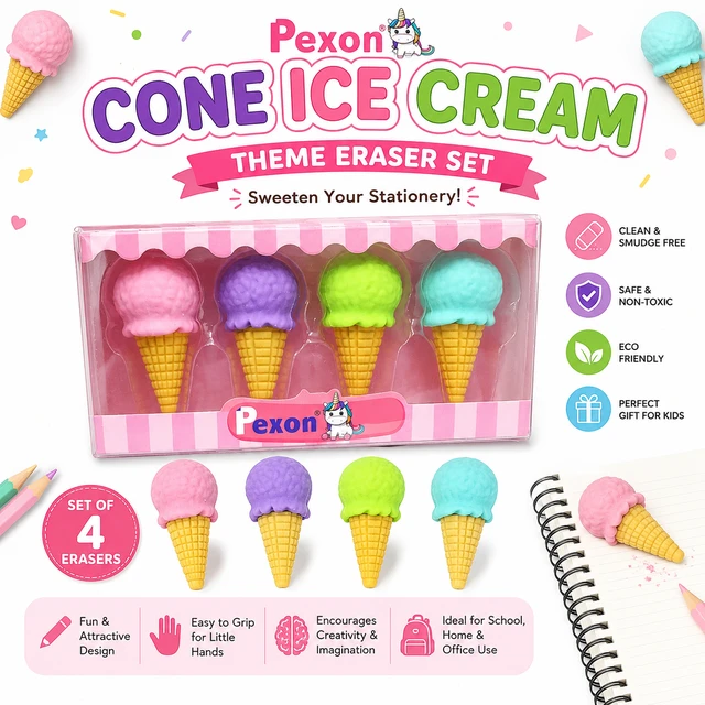 Pexon Cone Ice Cream Theme Eraser Set | Set of 4 Ice Cream Cone Shaped Erasers | Cute Cartoon Stationery | Non-Toxic | Smudge-Free | School Supplies | Return Gift for Kids