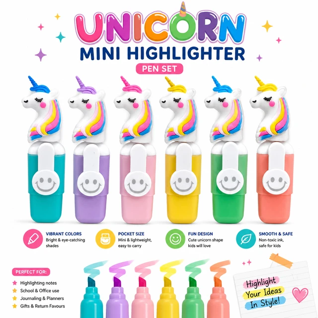 Unicorn Mini Highlighter Pen Set – 6 Pastel Color Pocket Highlighters | Cute Unicorn Design | Mini Highlighter Pens for School, Office, Journals, Planners & Kids Gift