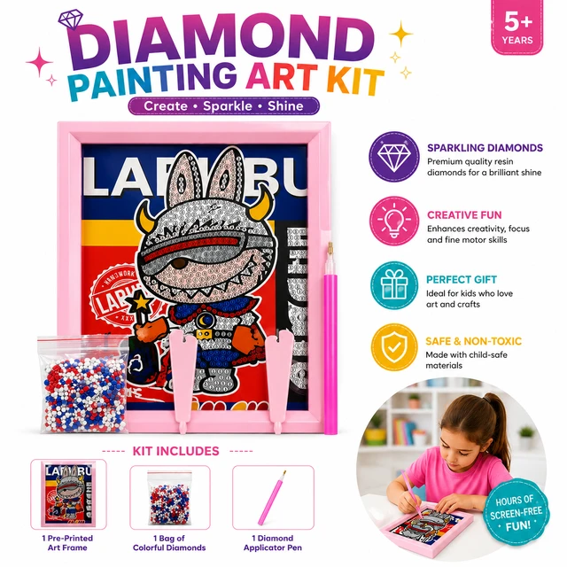 Diamond Painting Art Kit for Kids with Frame, Colorful Resin Diamonds, Diamond Applicator Pen & Tray DIY Mosaic Craft Creative Gift for Boys & Girls