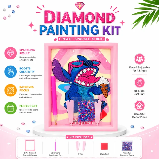 Diamond Painting Kit for Kids with Frame | DIY Crystal Art Craft Set | Pre-Framed Diamond Art Canvas with Colorful Gems, Applicator Pen, Tray & Wax | Creative Educational Gift for Boys & Girls
